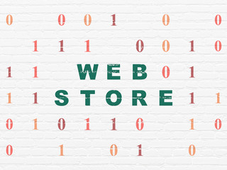 Web development concept: Painted green text Web Store on White Brick wall background with Binary Code