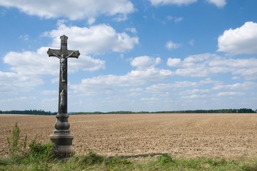 Fototapeta na wymiar Countryside landscape with cross near village Korolupy ,Southern Moravia, Czech republic