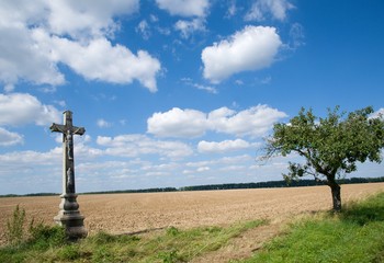 Fototapeta na wymiar Countryside landscape with cross near village Korolupy ,Southern Moravia, Czech republic