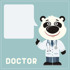 Panda bear doctor with bubble speech in cartoon style. Smiling doctor panda says important information about health.