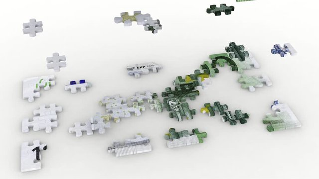 Animazione illustrazione 3D. Creazione puzzle e mazzetta  cento  euro su sfondo bianco..