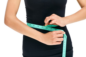 Woman in black shirt measuring waist with tape