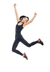 Fototapeta na wymiar Young Asian woman in sports clothes and sneakers jumping