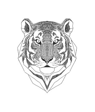 Tiger head isolated on white background., Wild Animal stylized portrait. Zentangle inspired tribal style. Black and white color. Coloring book page .