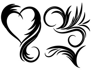 Set of black and white floral ornament with hearts for design. Tattoo floral ornament.