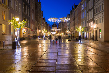 Fototapeta na wymiar Christmas decorations at Long Street in Gdansk, Poland