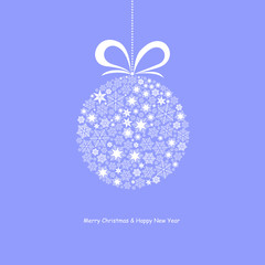 Merry Christmas and Happy New Year card with with snowflakes in the form of a Christmas ball, vector illustration