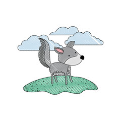 wolf cartoon in outdoor scene with clouds in colored crayon silhouette with thin contour