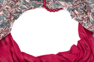 Decorative draping frame of the textile. Women's scarf red figure the British flag.