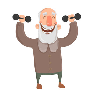 Smiling bearded old man with dumbbells. Active elderly man exercises. Cartoon character vector illustration. Isolated image on white background.