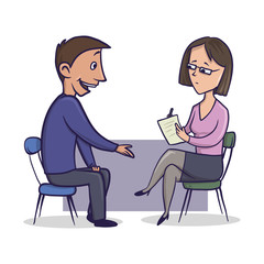 Obraz premium Woman in office suit and glasses listens to a man and makes some notes. Man talks to a woman sitting opposite him. Cartoon character vector illustration. Isolated image on white background.