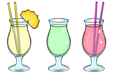 Set of three cocktails. Cocktail glass Pina Colada, smoothies, mojito. Pina Colada cocktail with a slice of pineapple. Green smoothies, pink, strawberry, berry smoothies. Glass goblet, straw. Eps 10