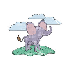 elephant cartoon in outdoor scene with clouds in colored crayon silhouette with thin contour