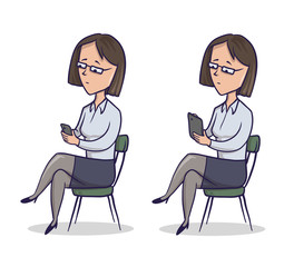 Woman on a chair with gadget in her hands. Business-woman in office dress looks at her phone. Cartoon character vector illustration. Set of two isolated images on white background.