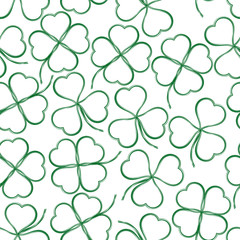 Seamless Floral Saint Patrick Holiday Pattern, Symbolic Clover Plants, Three-Leaved and Four-Leaved, Green Contours on Tile White Background. Vector