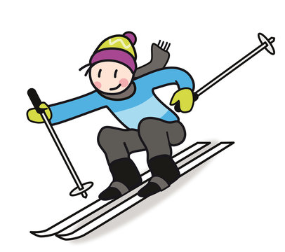 Skiabfahrt. Skifahrer im Cartoon Stil