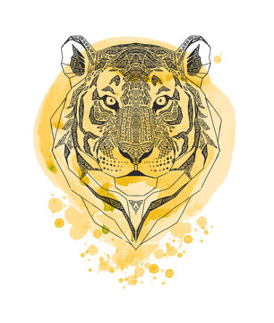 Tiger head isolated on yellow watercolor paint splash background. Wild Animal stylized portrait. Zentangle inspired tribal style. T-shirt print.