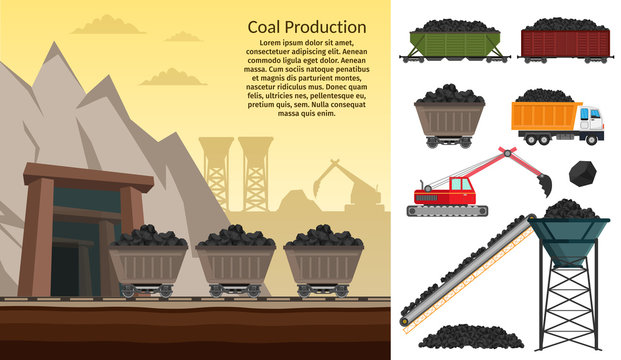 Coal mining industry and transportation set infographics elements isolated vector technics building