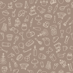 Seamless pattern with different types of cookware. Endless texture for wallpaper, fill,  web page background, surface texture.