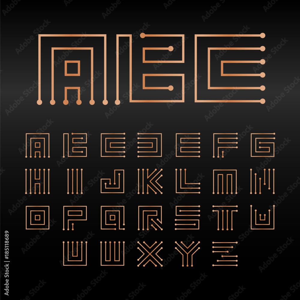 Poster digital vector alphabet, isolated abstract technology font. microchip abc logo set. electronic circu