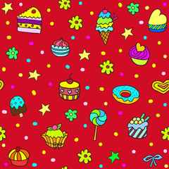 Holiday seamless pattern with ice-cream, pie and cupcakes. Texture for wallpaper, fills, web page background.