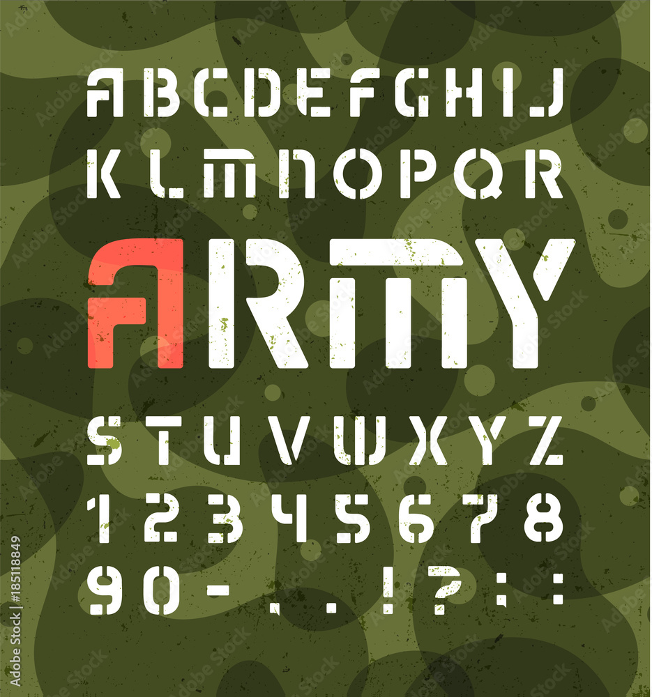 Poster army alphabet. stencil military font with numbers. vector symbols set on green khaki background.