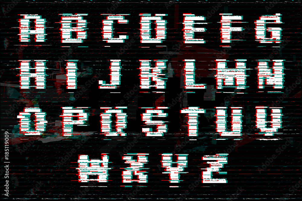 Poster alphabet with glitch and noise effect. perfect style for digital illustrations. vector abstract tech