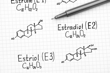 Chemical formulas of naturally occurring Estrogens - estrone (E1), estradiol (E2), estriol (E3) with black pen.