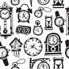 Seamless pattern with doodle watches and clocks. Can be used for textile, website background, book cover, packaging.