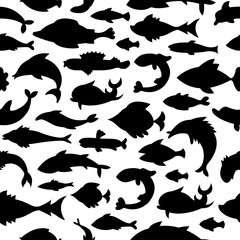 Seamless pattern with fish silhouettes. Can be used for textile, website background, book cover, packaging.