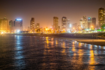 Tel Aviv city coastline at night, Israel.