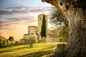 Abbey of Sant'Antimo in Montalcino, Tuscany, Italy - obrazy, fototapety, plakaty