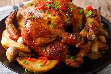 Hot grilled chicken with spicy seasonings close-up. horizontal