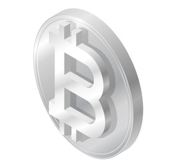 Bitcoin coin mark in isometric perspective. Modern symbol, cryptocurrency in minimalist stylization. Graphic icon of virtual digital currency, internet investing. Cloud mining brand, electronic money.