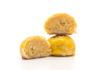 Chinese pastry or moon cake filled with mung bean paste and salted egg yolk