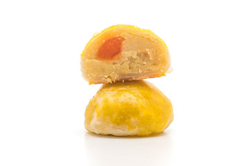Chinese pastry or moon cake filled with mung bean paste and salted egg yolk