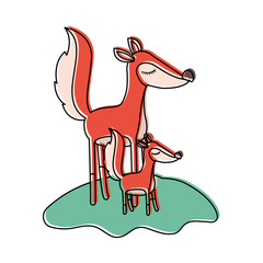 cartoon fox mom and cub over grass in watercolor silhouette