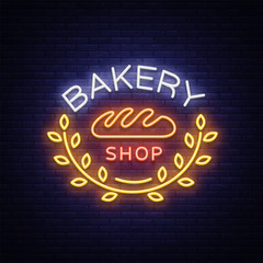 Fototapeta na wymiar Bakery products logo, fresh bread, loaf. Neon sign, bright banner, shining symbol on the topic of fresh pastries and bakery products. Vector illustration