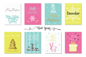 Set of Happy New Year and Merry Christmas cards. Hand Drawn. Vector illustration.