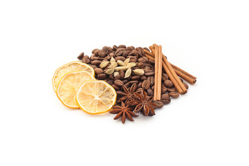  Coffee beans with spices on a white background