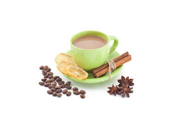 Cup with coffee and spices on a white background