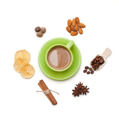 Cup with coffee and spices on a white background