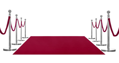 Red carpet and rope barriers on white background