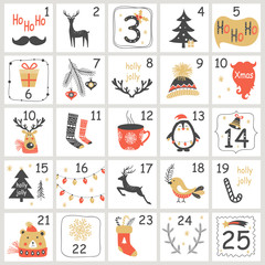Christmas Advent calendar with hand drawn elements. Xmas Poster. Vector illustration