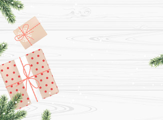 Gifts boxes with fir branches on white wooden background. Top view. Vector illustrtion
