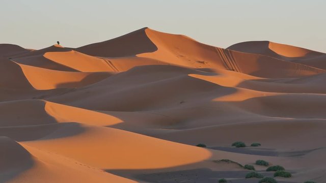 Timelapse of people walking in the sand dunes of the desert of Morocco