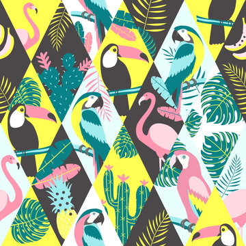 Patchwork pattern with tropical birds. Vector illustration.