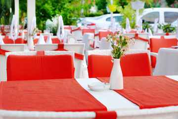 View of outdoor cafe on city street