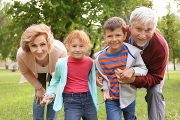 Happy senior couple with grandchildren in park