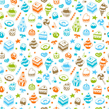 Vector doodle seamless pattern with bake and sweets. Endless texture for wallpaper, fill,  web page background, surface texture.